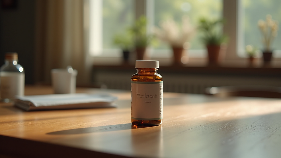 Eye-level view of a bottle of melatonin on a wooden table