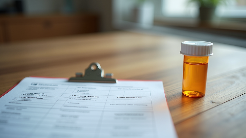 Close-up view of a prescription form and medication bottle on a wooden table