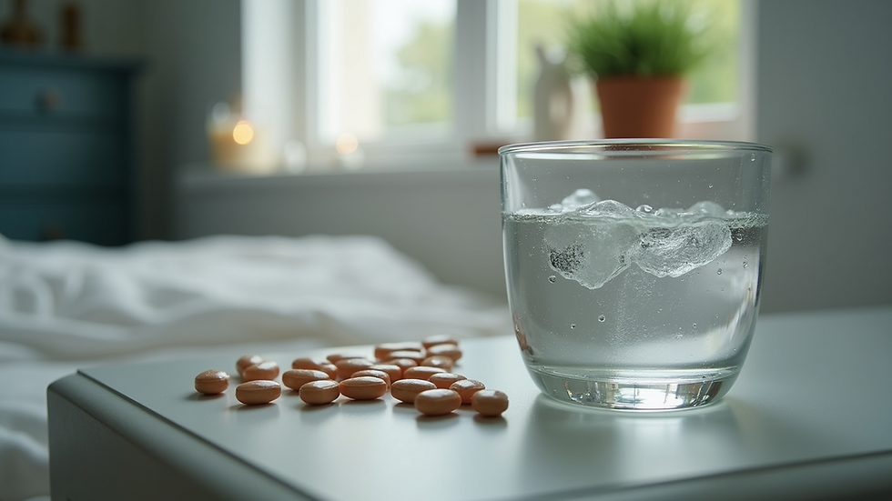 Close-up of a glass of water and pills on a bedside table