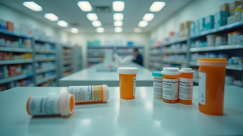 High angle view of a UK pharmacy counter with prescription medications