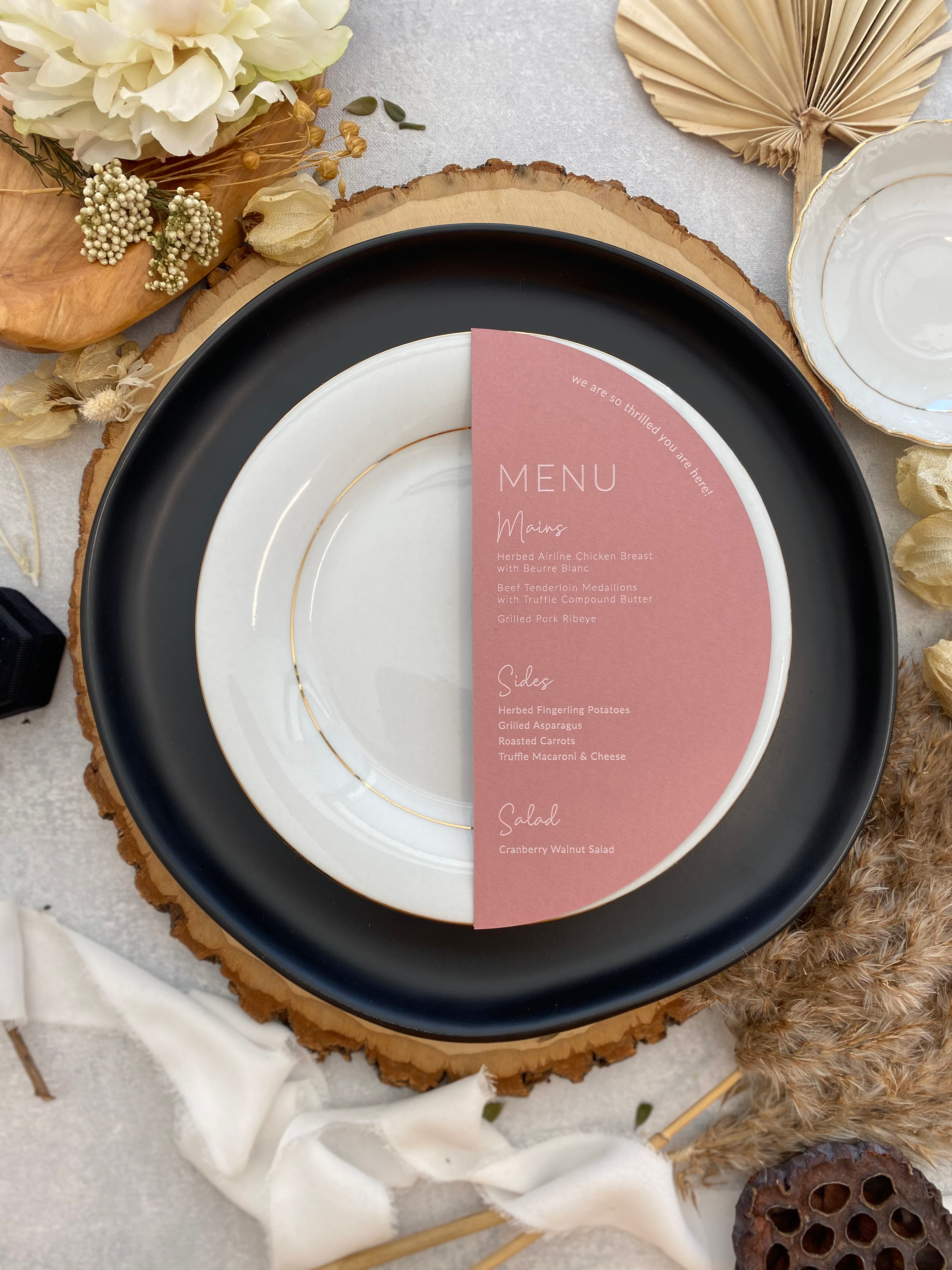 Rustic Boho Chic - Half Moon Menu - Half Circle Menu Rose Style M01