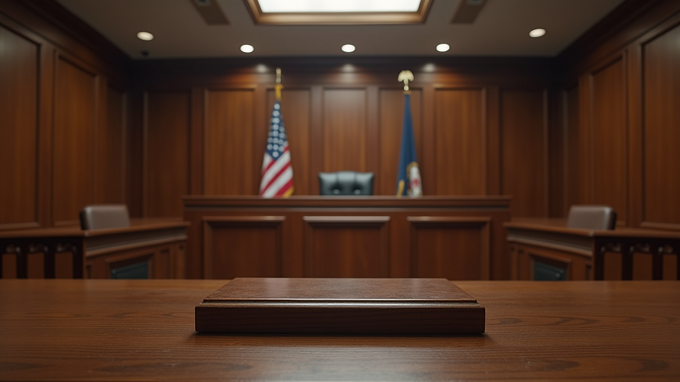 Eye-level view of a courtroom with a judge's bench and empty witness stand