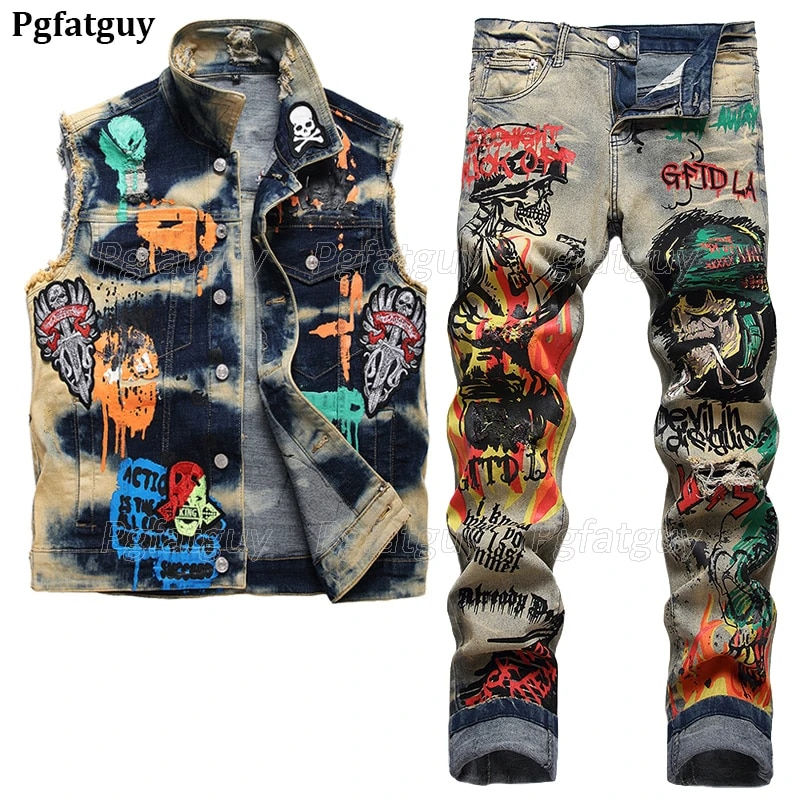 2PCS Sets Retro Blue Metal Rock Badge Waistcoat Matching Set