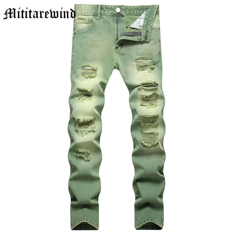 Men's Green Straight Pants Vintage Ripped Hole Jeans