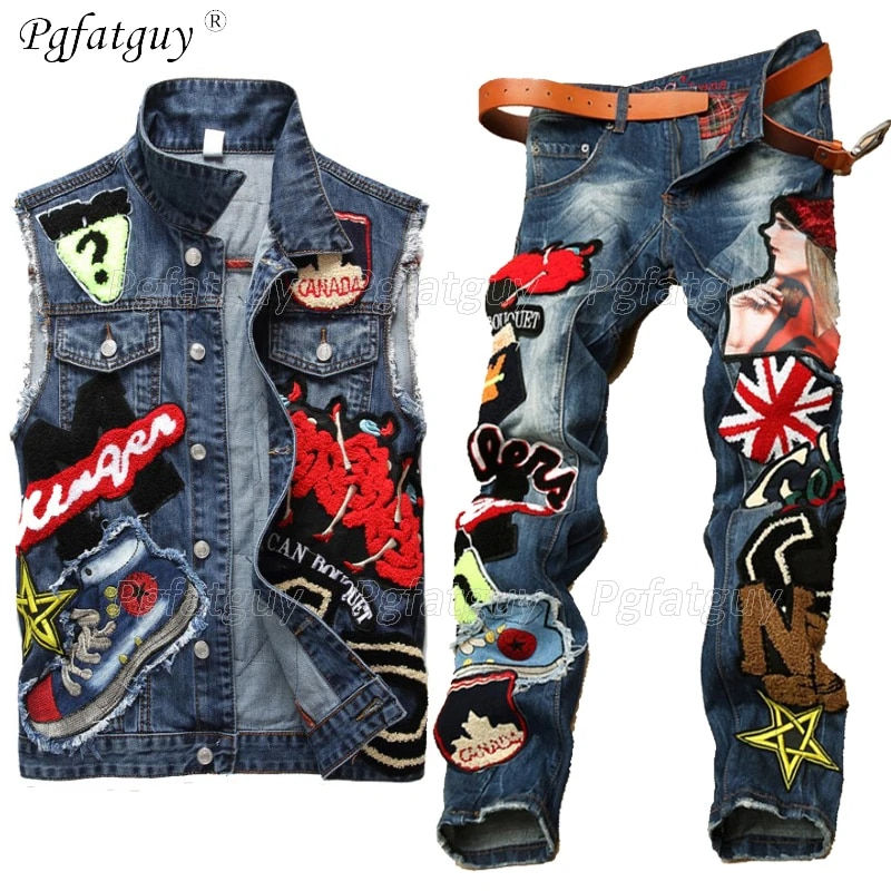 Mens Two Piece Set Motorcycle Biker Jeans Set