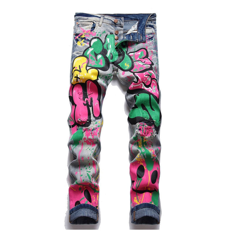 Hip Hop Graffiti Printed Casual Jeans Pants Male Slim Fit