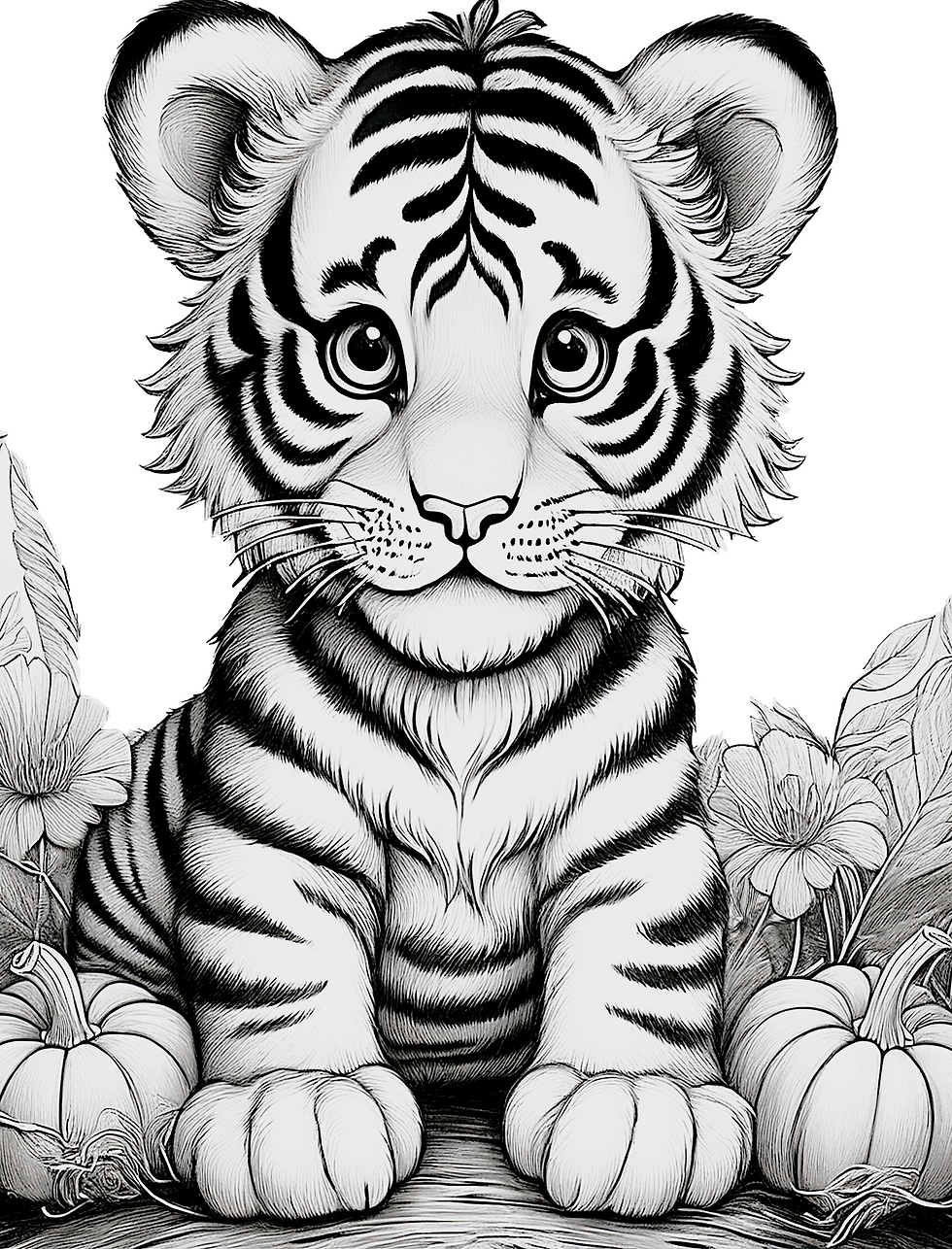 Free Tiger Coloring Page, Free Halloween Baby Tiger with Pumpkins and Fall Leaves Black and White PDF for Coloring