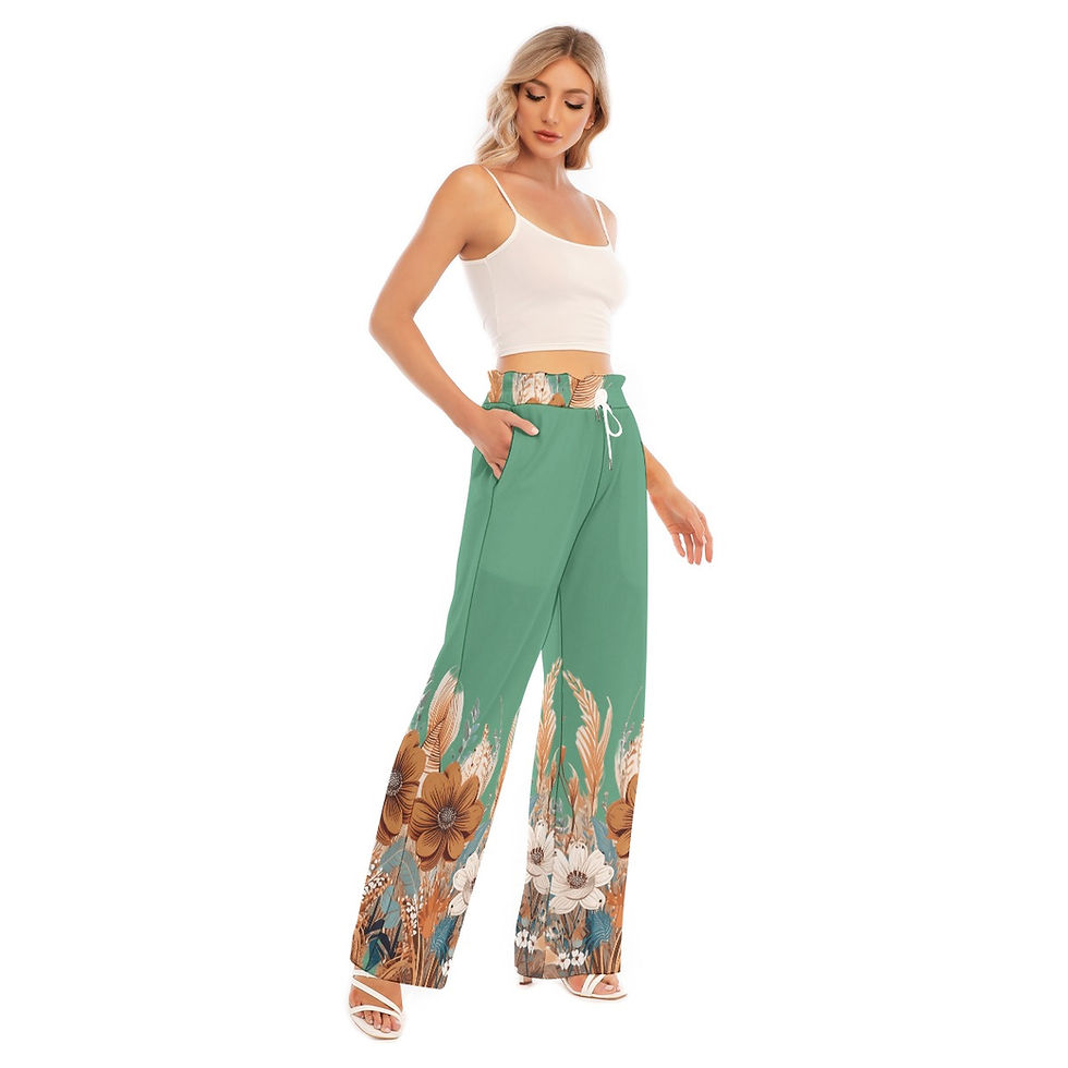 Boho Blossom Earthy Green Bohemian Style Women's Palazzo Pants Wide Leg Trousers