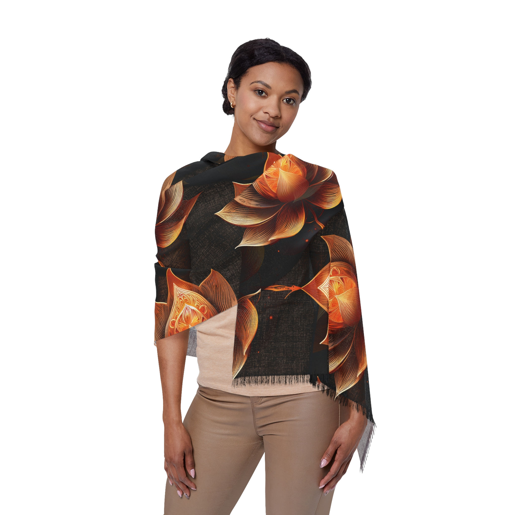 Fall Shawl Lotus Flower Wrap, Orange and Black Designed Long Scarf