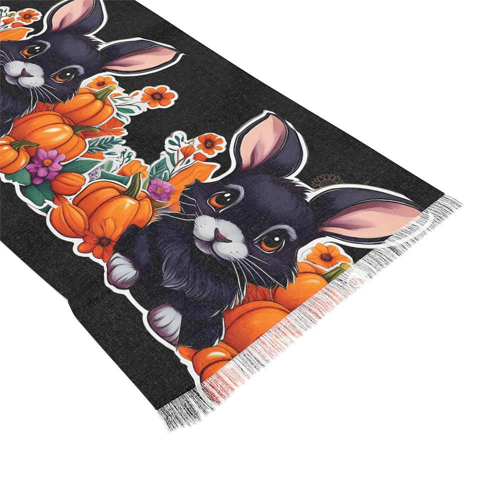 Fall Scarf Pumpkin Patch with cute baby bunny, Halloween Scarf, Black and Orange Scarf