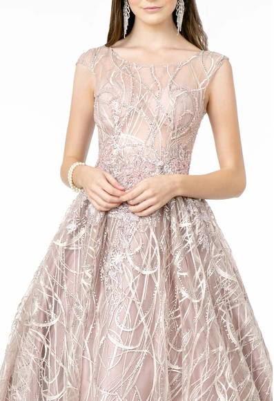 Illusion Bodice Cap Sleeve Ballgown Dress