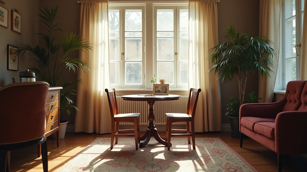 Eye-level view of a cozy writing workshop space with chairs and a table