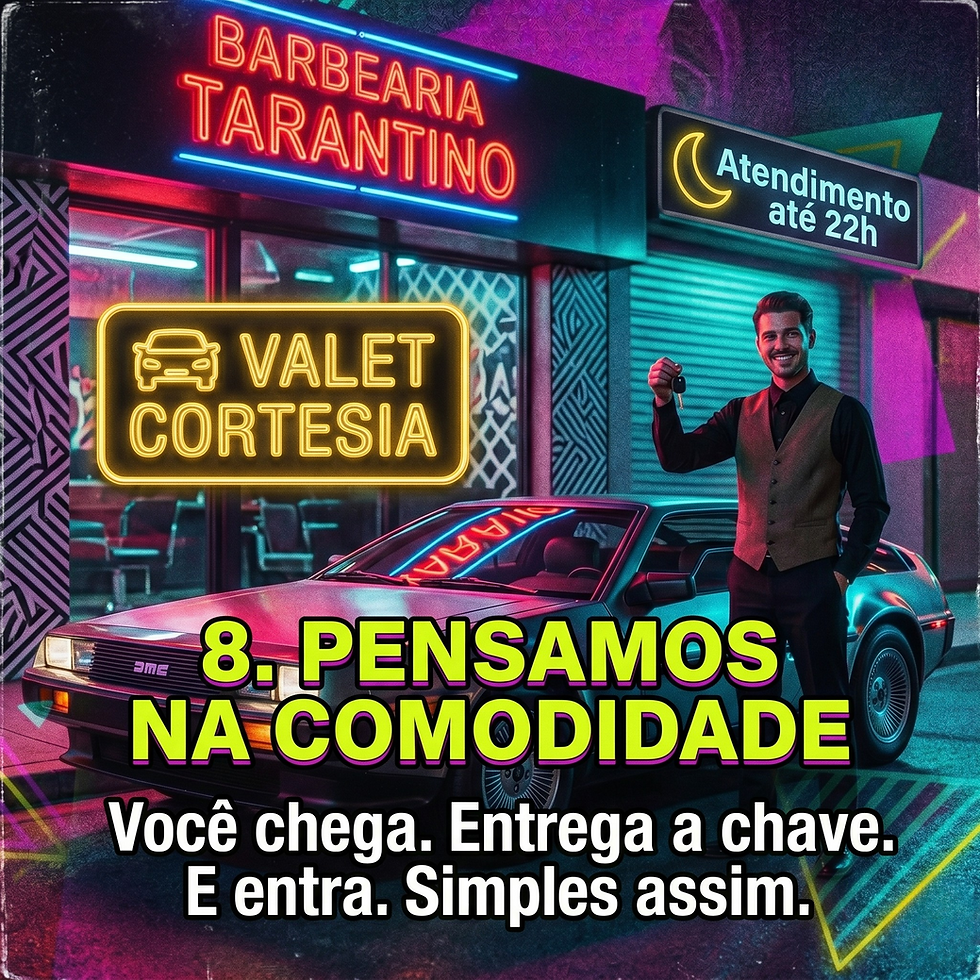 Valet sorridente ao lado de carro esportivo diante da Barbearia Tarantino, com letreiros neon e texto sobre conforto.