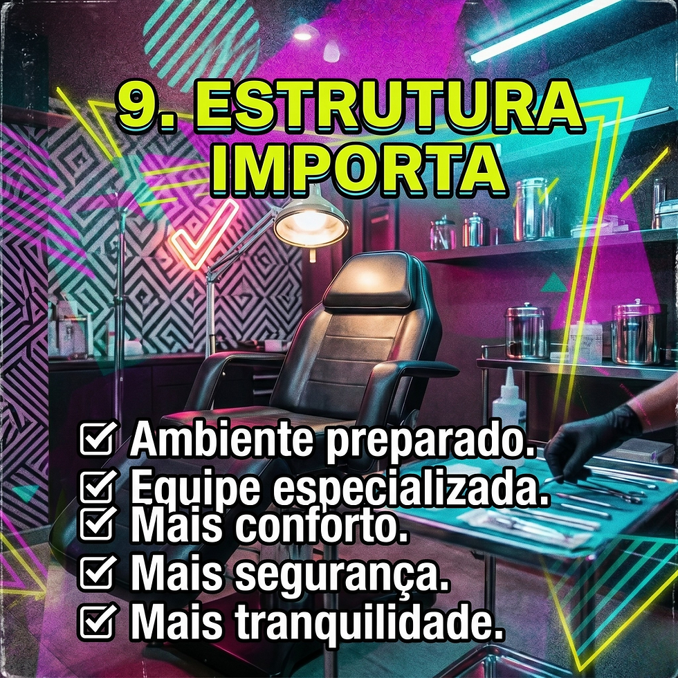 Estúdio de tatuagem neon com cadeira vazia e instrumentos; texto: 9. Estrutura importa e lista de benefícios.