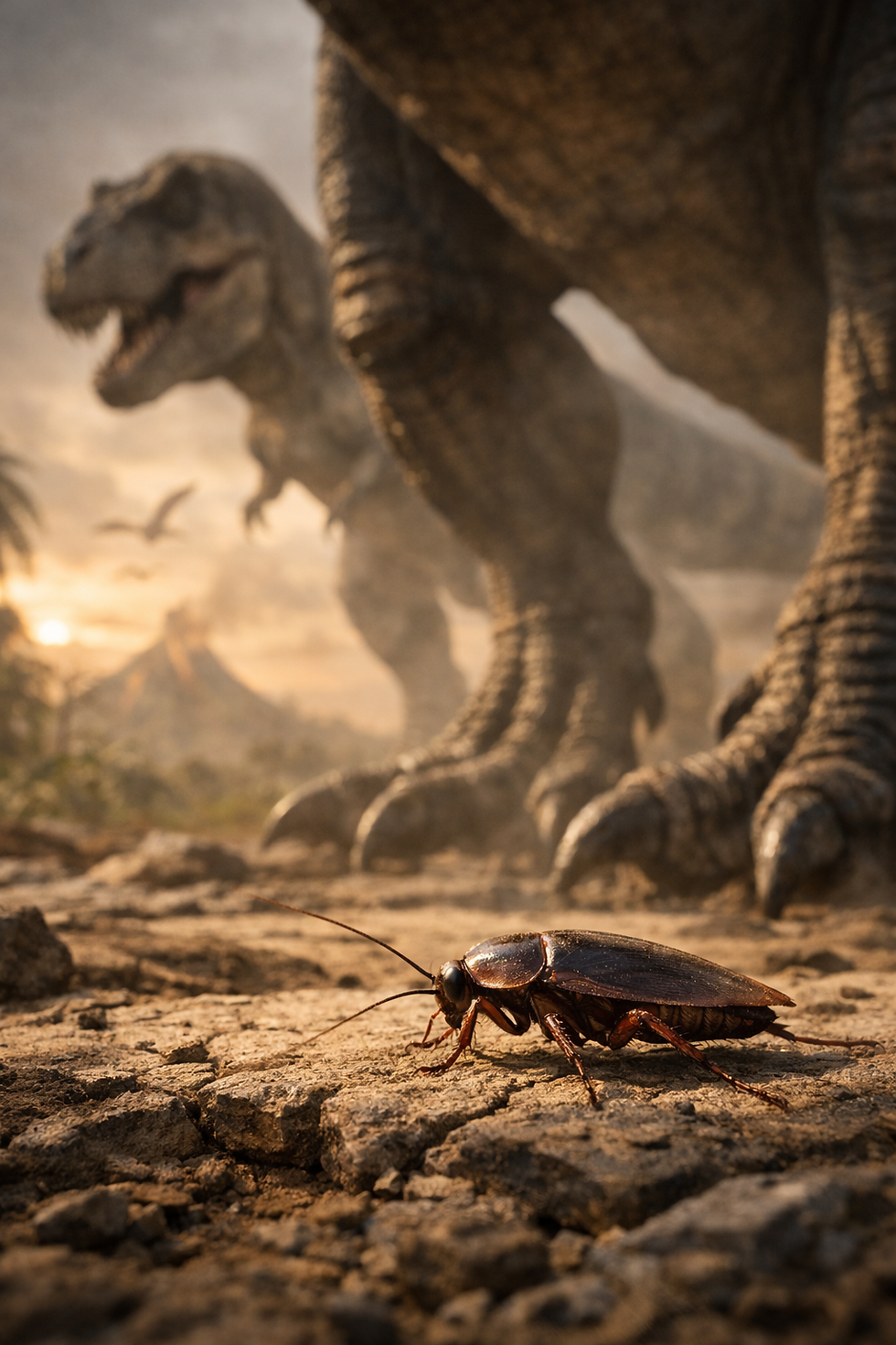 Cockroach standing on prehistoric ground at the feet of a Tyrannosaurus rex, symbolizing resilience and adaptation through massive change.