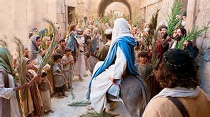 Jesus enters Jerusalem on Palm Sunday to shouts of "Hosanna in the Highest"