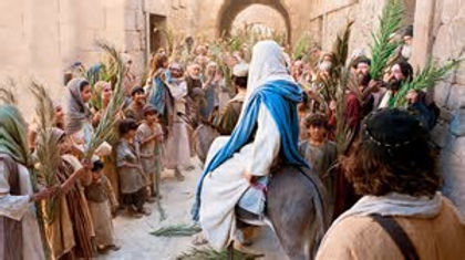 Jesus enters Jerusalem on Palm Sunday to shouts of "Hosanna in the Highest"