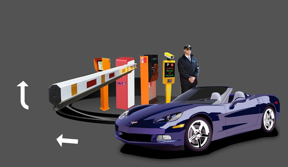 A modern ticket dispenser system at a parking or toll booth, featuring an LPR (License Plate Recognition) camera, a QR code scanner, and an automatic boom barrier. The image highlights vehicles passing through the boom barrier after scanning a QR code or being recognized by the LPR camera.