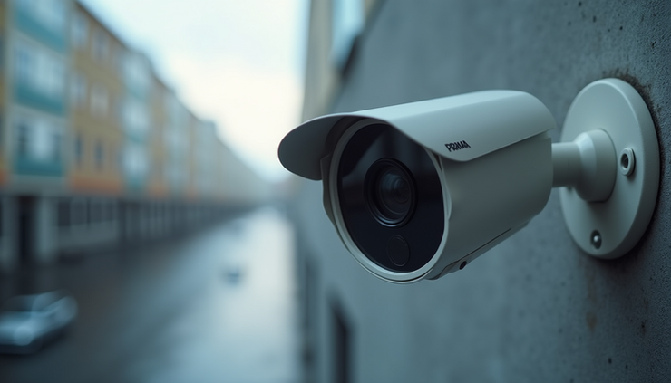 Close-up view of Prama STQC CCTV camera mounted on a wall