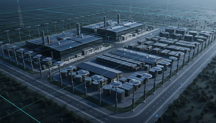 Aerial view of solar CCTV cameras monitoring a factory yard and boundary road.