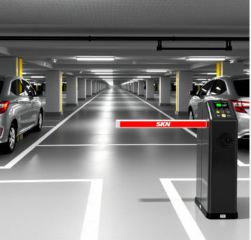 Parking garage with a silver car near an SKN-branded automatic boom barrier. The background shows empty parking spots and columns.