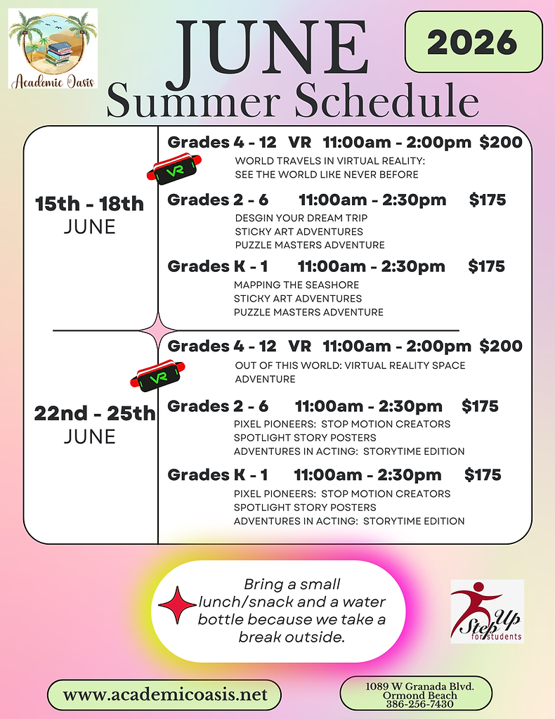 Academic Oasis Virtual Reality Summer Programs schedule grades 4-12