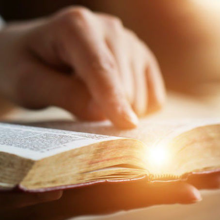 Person reading Bible with finger following text