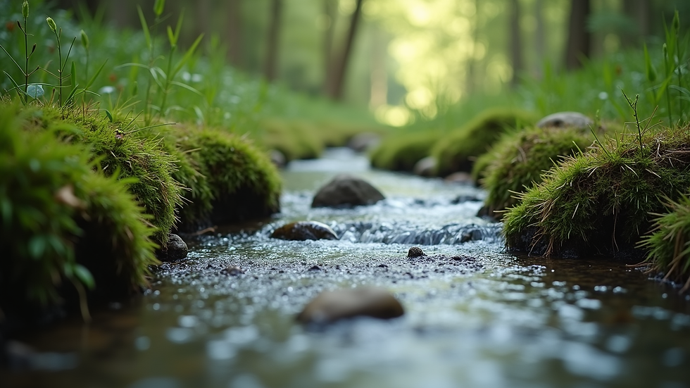 Close-up view of a serene nature scene with a flowing stream