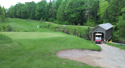 A golf course green with marked hole in the left foreground with a line of trees in the background. A golf cart exits a covered bridge along a gravel laneway in the right third of the photo.