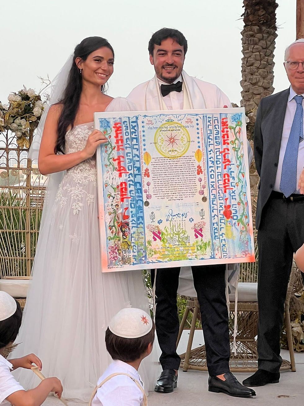 Thumbnail: Jewish bride and groom holding custom ketubah art during their wedding ceremony.