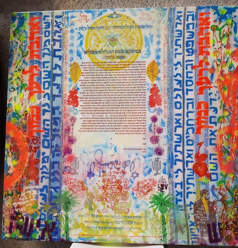 Full view of custom ketubah art by Meir Levy with Hebrew text, bright colors, and personalized Jewish wedding details.