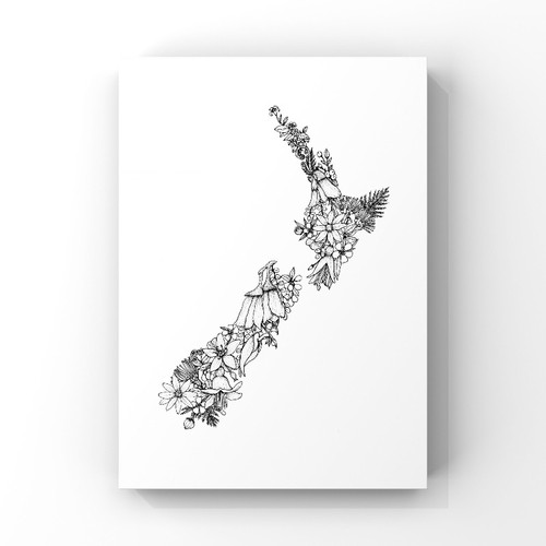 NZ Flora New Zealand Map Artwork Little Wildflower Creative
