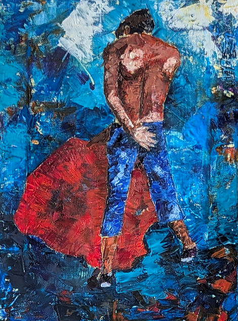 'The Silent Flame' – In the warm light of the courtyard, the red muleta rests quietly in a man's hands. A moment of concentration, a measured step, and calm breathing create a silent symbiosis with the invisible bull, captured in oil on canvas.