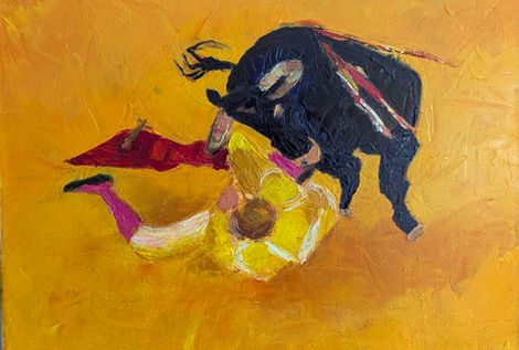 Six paintings depicting, from different angles, the dramatic moment when the bull seizes the torero with its horn and spins him through the air in a whirling motion—a frozen heartbeat full of power, danger, and untamed elegance.