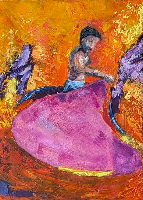'The Swing of Silence' – A man follows the delicate arc of a pink Capote, moving almost dancing in a moment of calm and elegance, captured in acrylic and oil.
