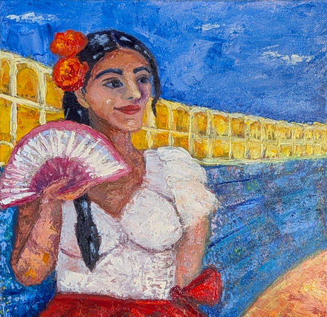 Sensual Sevillian woman with delicate fan and flowers in her hair, radiates grace and joy as she follows the dance of the arena from the stands