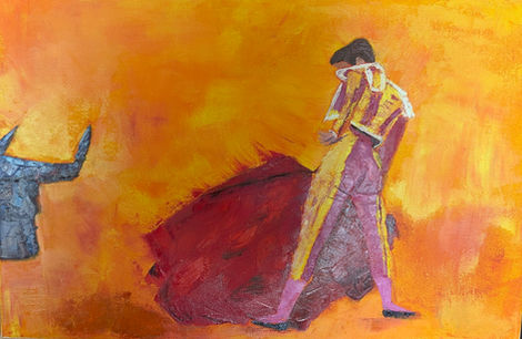 The bull's powerful head appears calm and present at the left edge of the picture. Not far away, the matador holds the muleta, ready for the final dance. Tension hangs heavy in the air, a silent duel between stillness and movement before the final act.