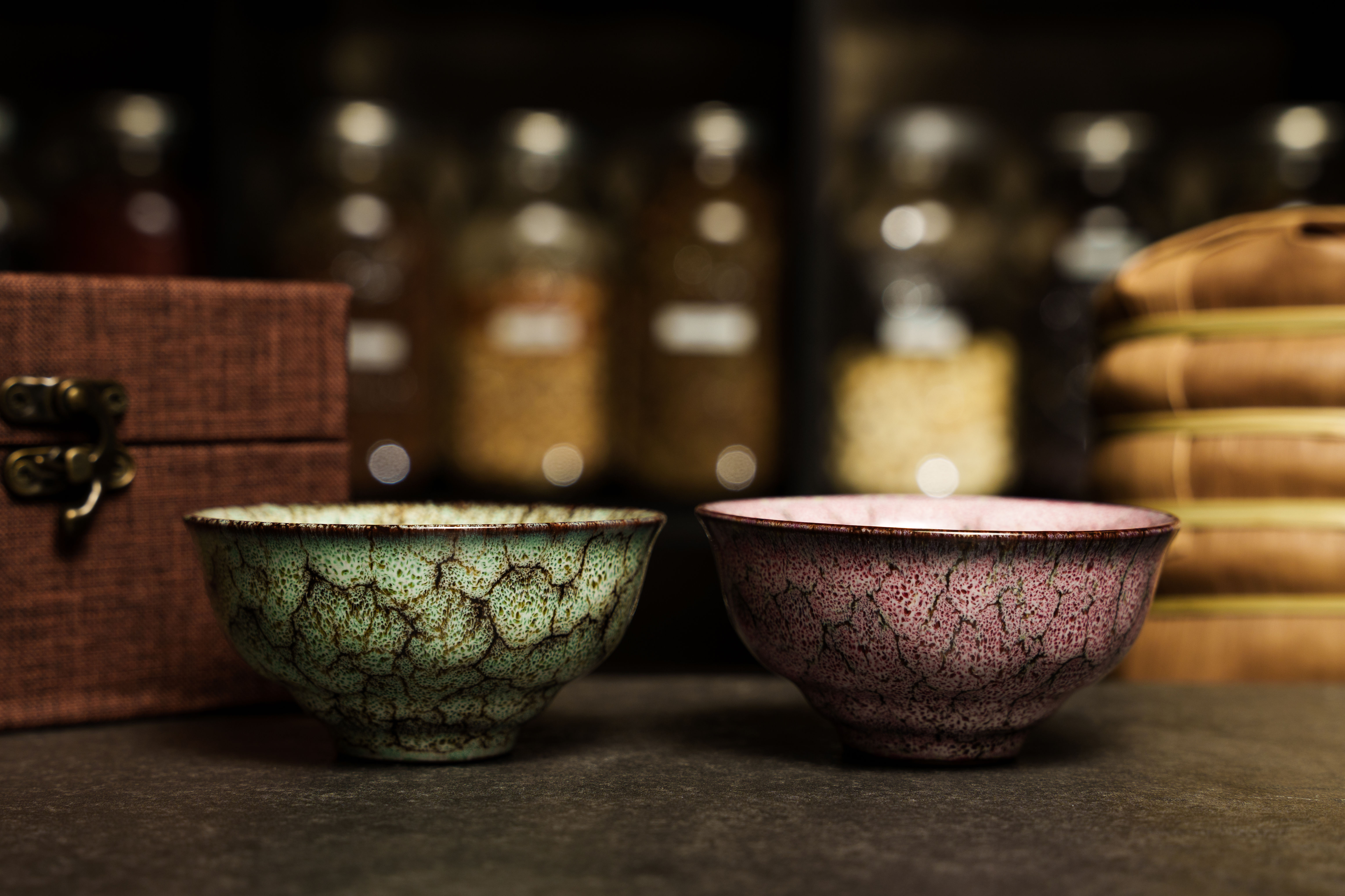 Pink and Green Patterned Glazed Teacup Set (2)