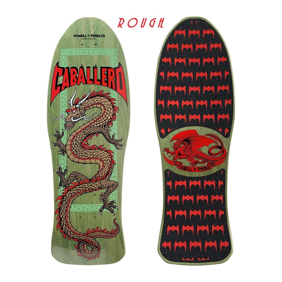 Top View Powell Peralta Caballero Chinese Dragon with 69-piece Die-cut style grip tape bats cutouts in black and red