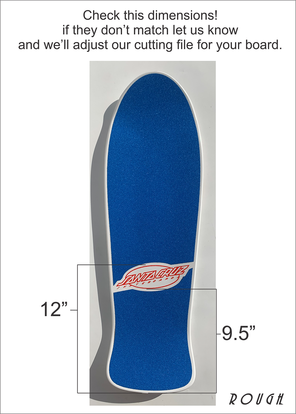 Top view of Santa Cruz skateboard Keith Meek Slasher with die-cut style grip tape laser cut by Rough GT in blue