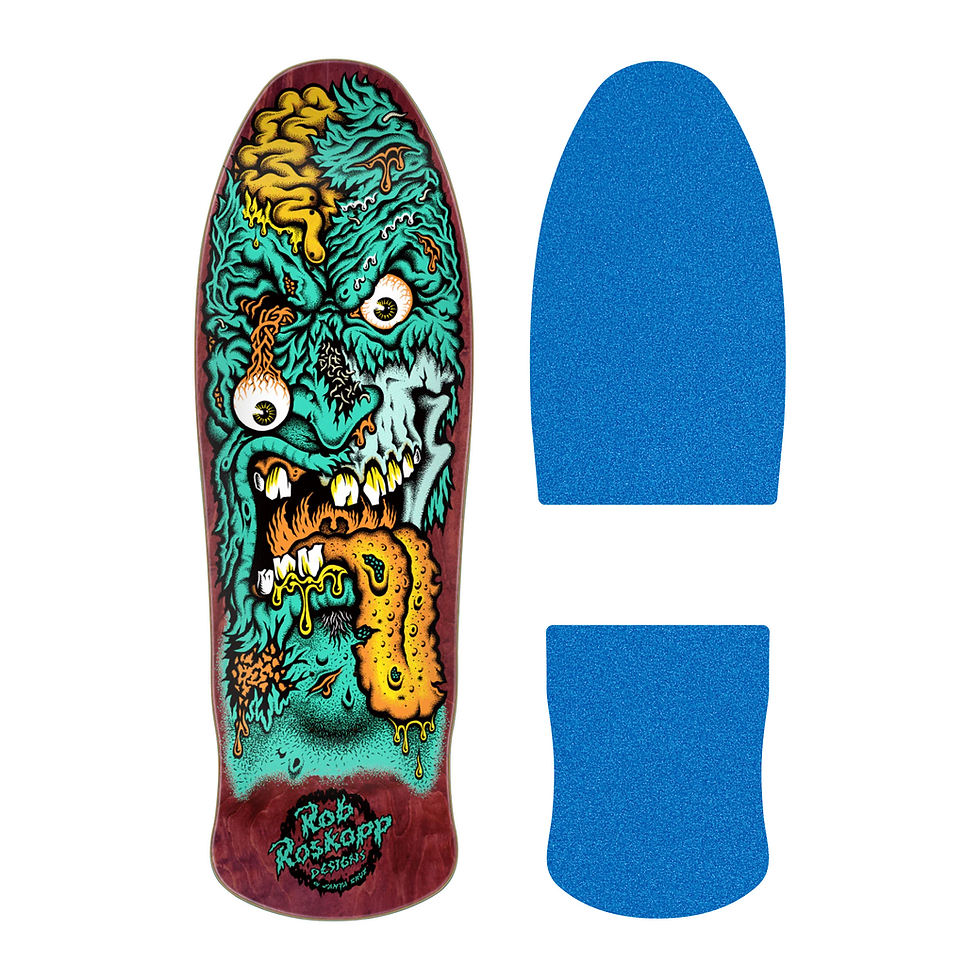 Thumbnail: Top view of Santa Cruz skateboard Roskopp Face Two with Die-cut Style Grip Tape laser cut by Rough in blue