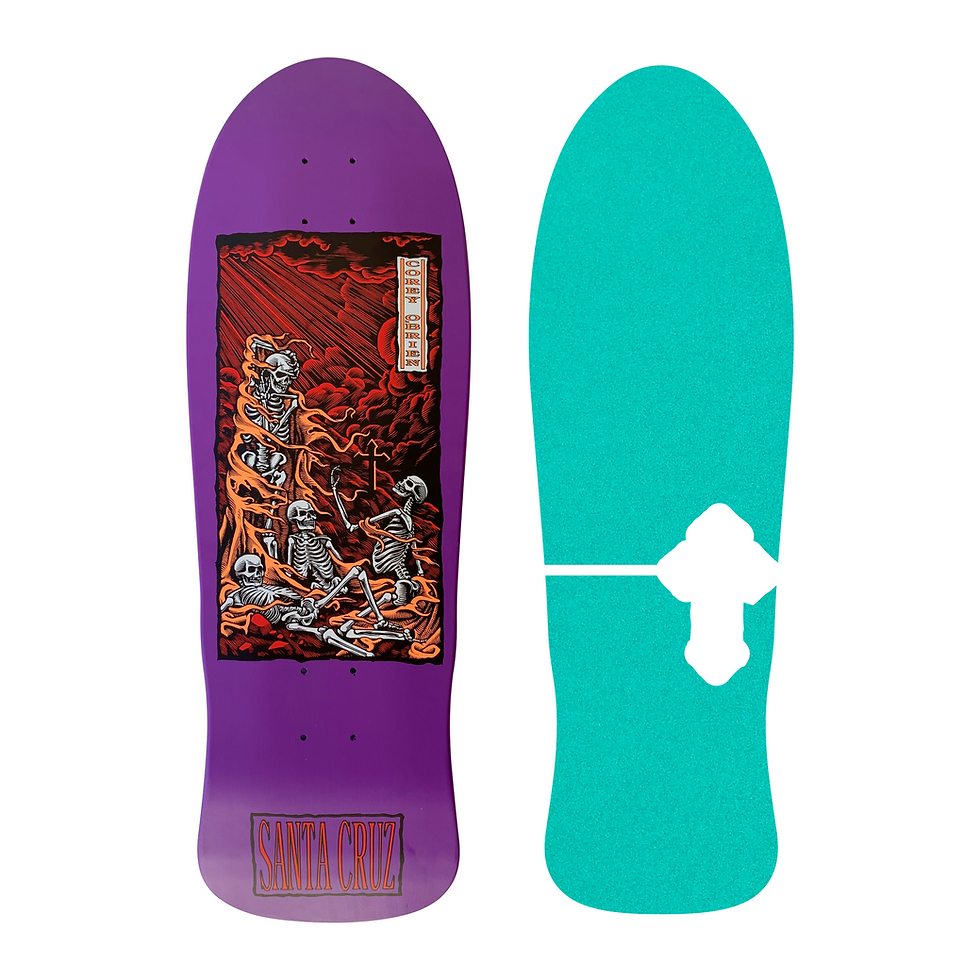 Thumbnail: Top View Santa Cruz Skateboard Corey O'Brien Purgatory with die-cut style grip tape laser cut by Rough in teal