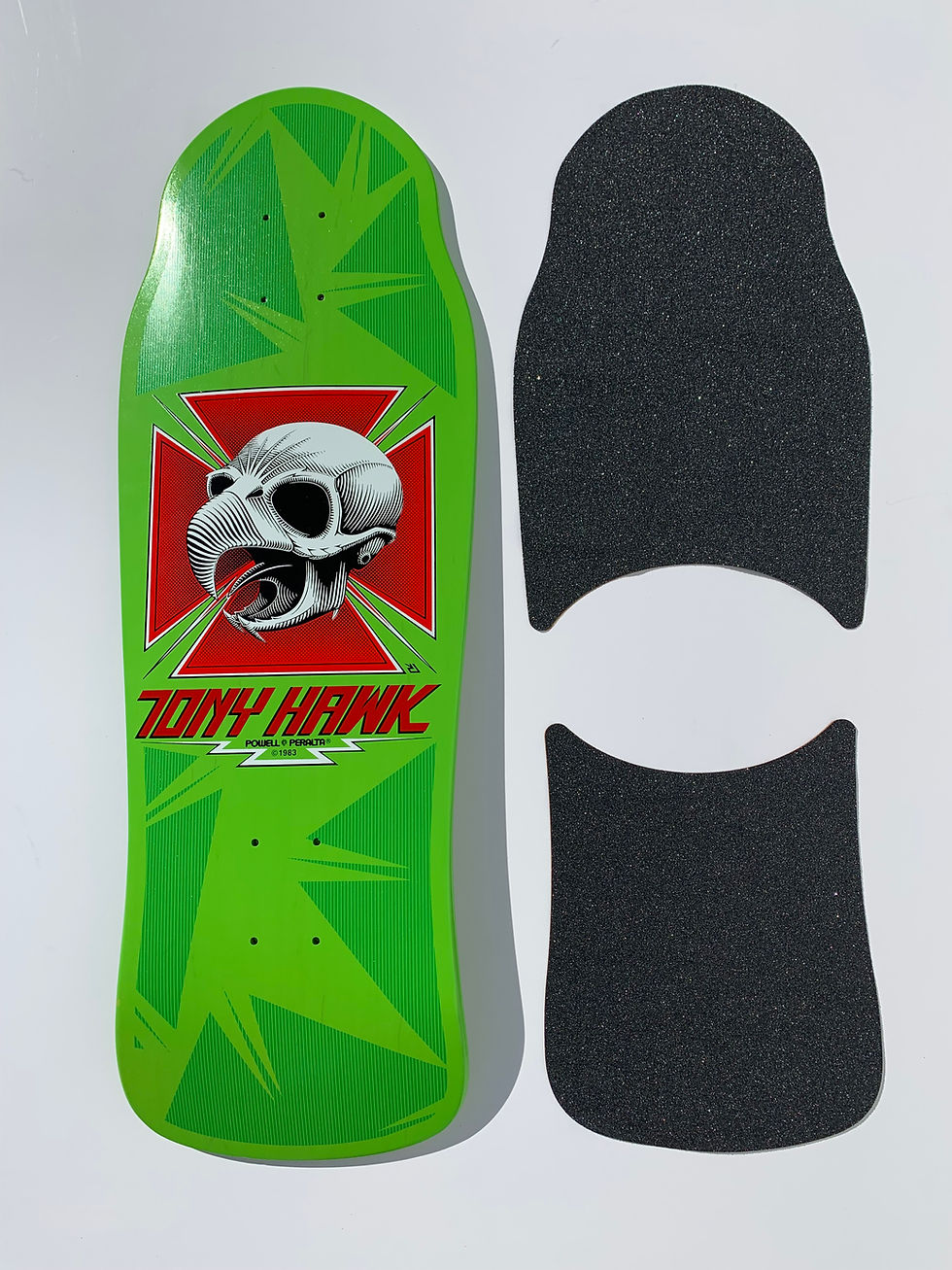 top view of Skateboard deck by Powell Peralta Tony Hawk series 15 with die-cut Style Grip tape laser cut by Rough GT in black