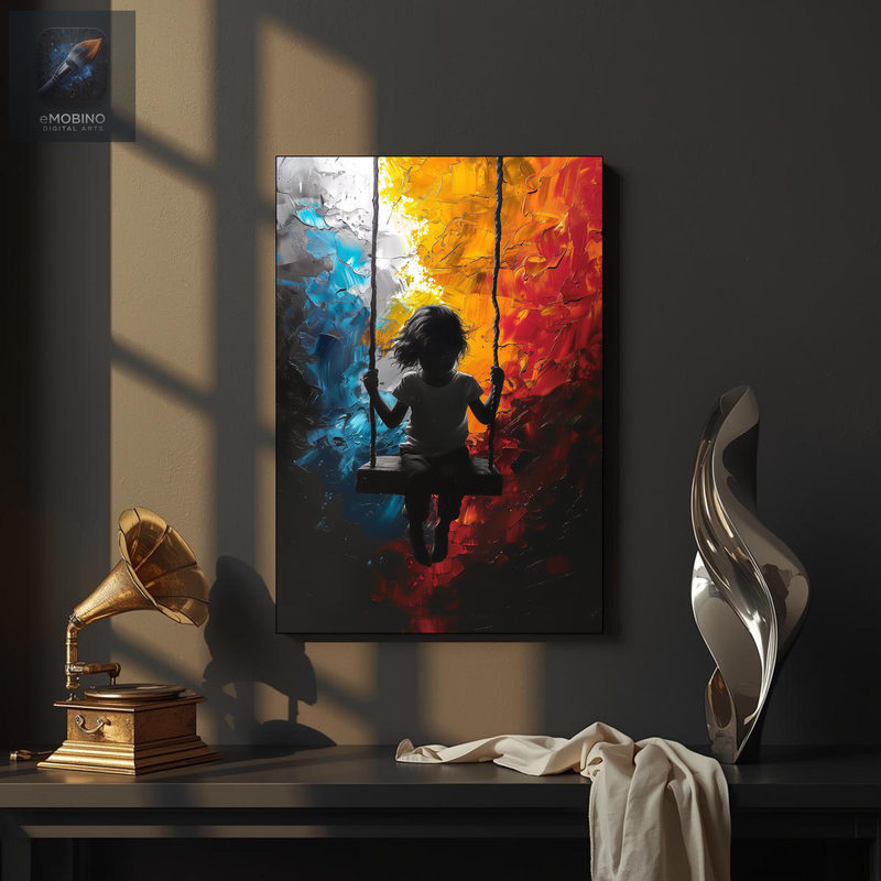 Silhouette d'enfant sur une balançoire entre des blocs de peinture épaisse bleu, or et rouge sur fond noir, vue 2