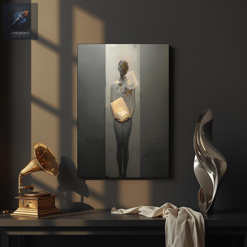 Surreal Grey Figure Holding Light Cube - view 2