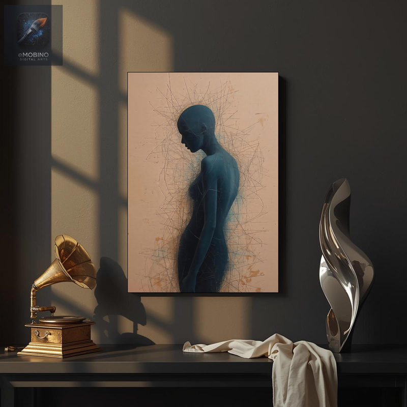 Blue Figure Canvas Wall Art, Sketch Line Portrait Print - view 2