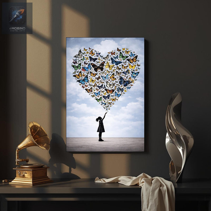 Silhouette de fillette libérant des papillons colorés qui forment un cœur dans un ciel bleu pâle, vue 2