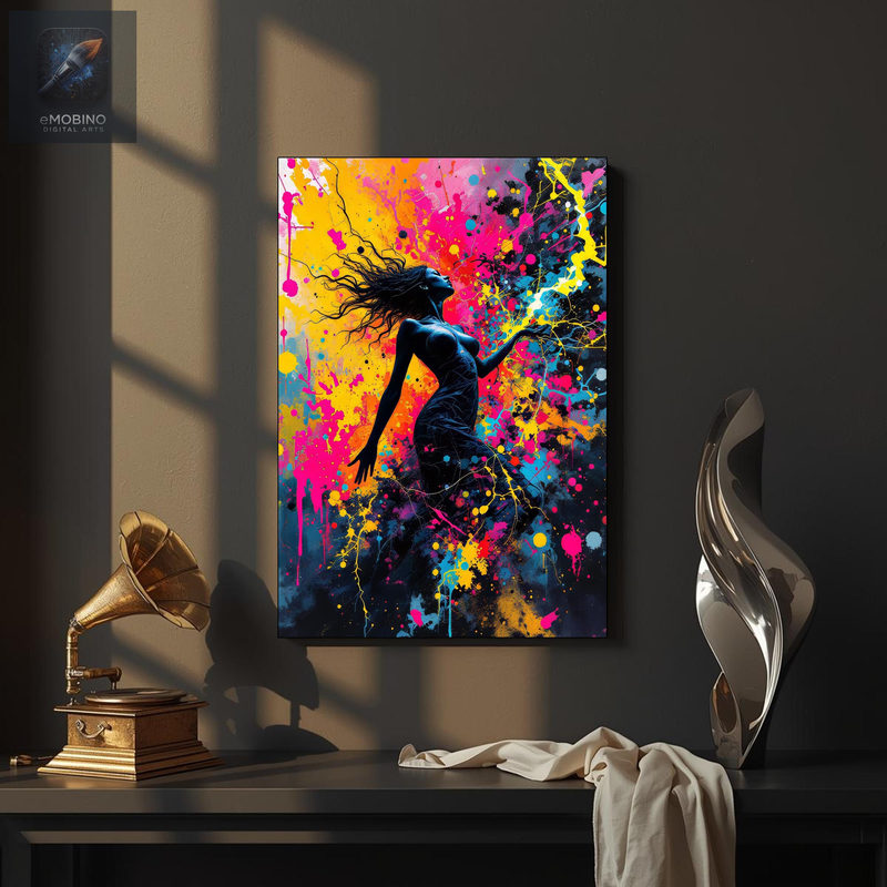 Dansende kvindesilhuet foran eksploderende maling i magenta, gul, cyan og orange, visning 2
