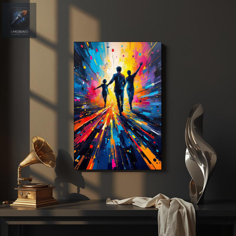 Family Silhouette Canvas Wall Art, Colorful Pixel Burst Print - view 2