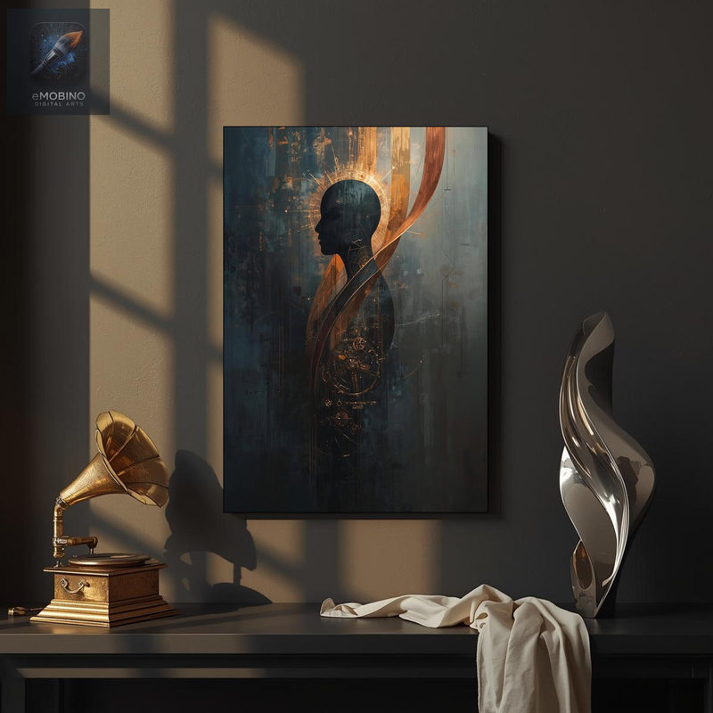 Copper Halo Silhouette Canvas Print, Dark Teal Steampunk Wall Art - view 2